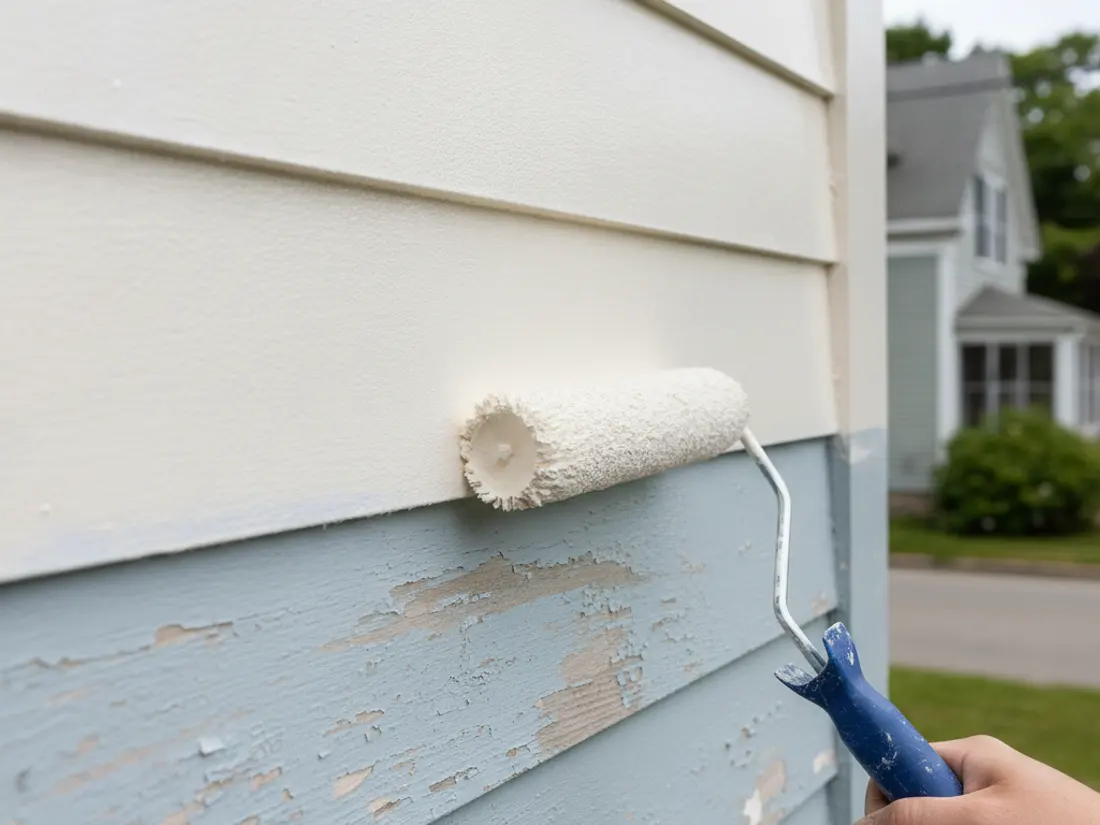 A professional painter rolling a fresh coat of paint on the exterior siding of a New England home